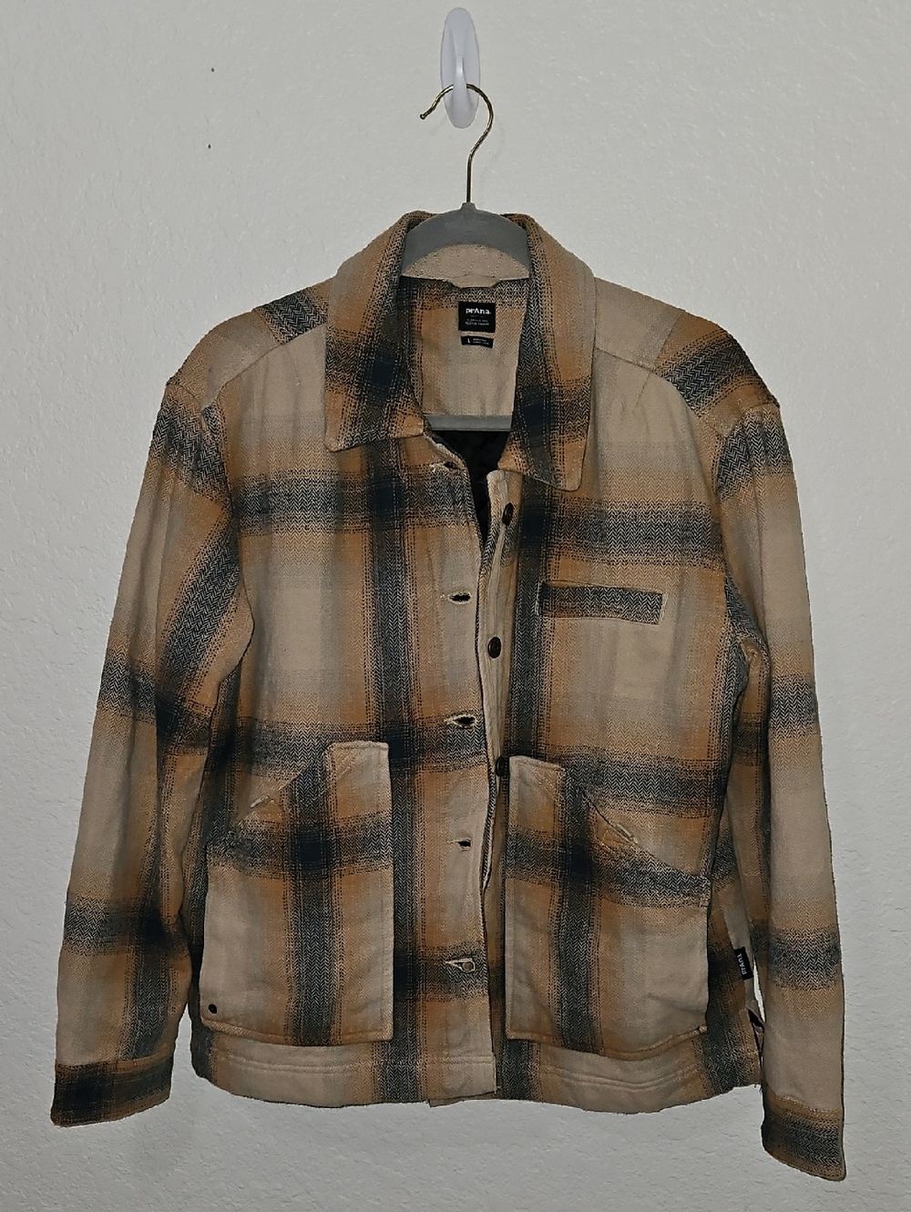 Prana  Bridges Flannel Men's Tan and Black Plaid Lightweight Shirt Jacket